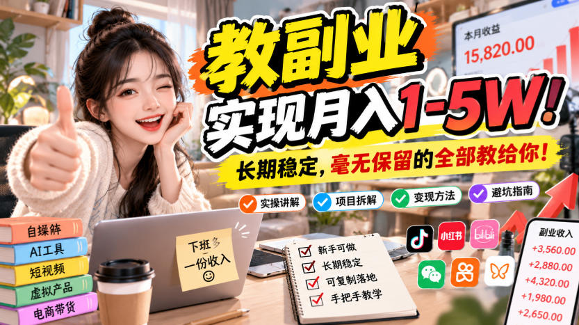 “教副业”实现月入1-5W！长期稳定，毫无保留的全部教给你！【揭秘】-资源共享