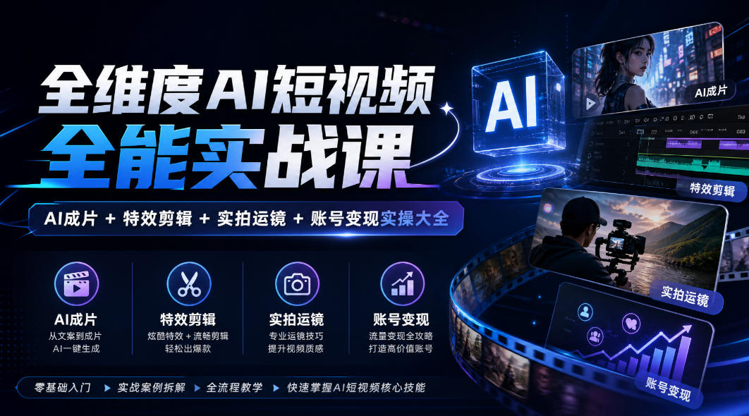 全维度AI短视频全能实战课，AI成片+特效剪辑+实拍运镜+账号变现实操大全-资源共享