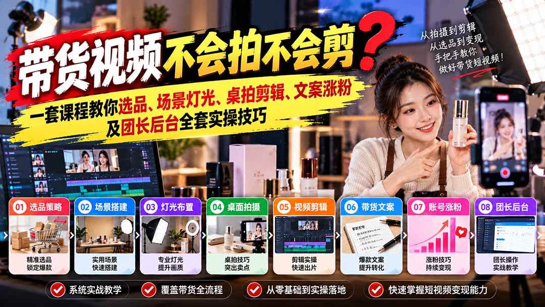 (20980期)带货视频不会拍不会剪?一套课程教你选品、场景灯光、桌拍剪辑、文案涨粉及团长后台全套实操技巧 复制标题-资源共享