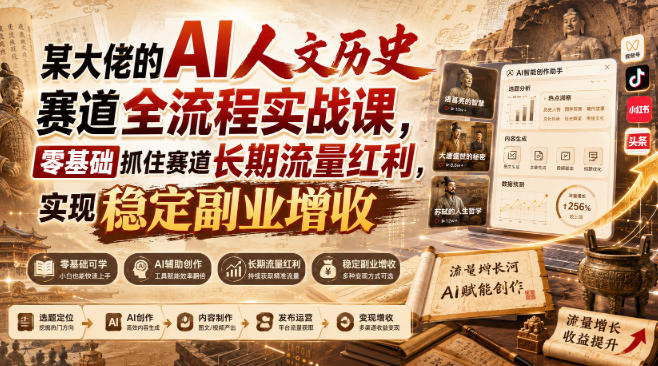 某大佬的AI人文历史赛道全流程实战课,零基础抓住赛道长期流量红利,实现稳定副业增收-资源共享