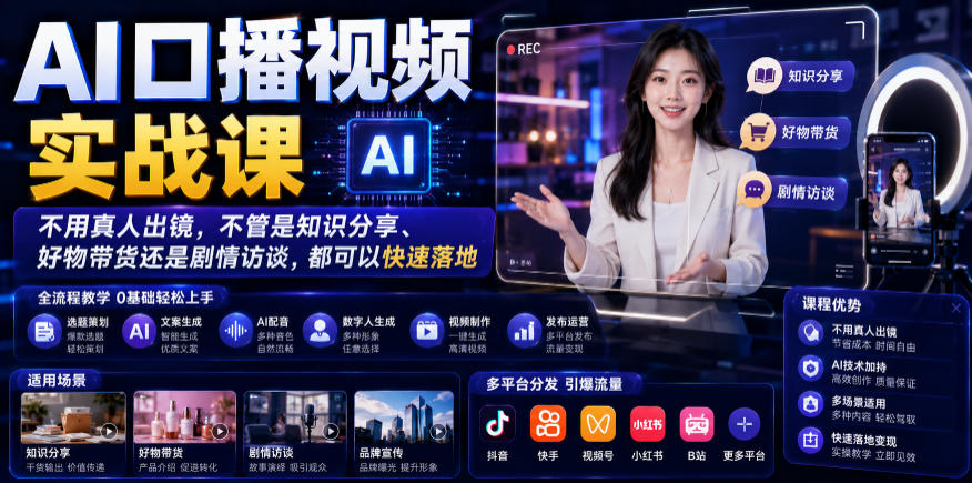 AI口播视频实战课，不用真人出镜，不管是知识分享、好物带货还是剧情访谈，都可以快速落地-资源共享