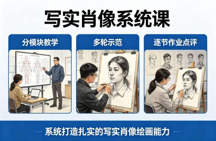 写实肖像系统课，全程分模块教学+多轮示范+逐节作业点评，系统打造扎实的写实肖像绘画能力-资源共享