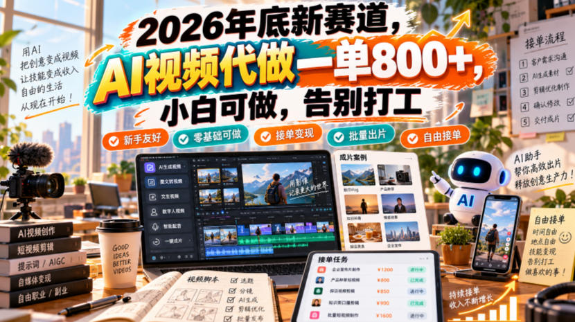 2026年底新赛道,AI视频代做一单800+,小白可做,告别打工-资源共享