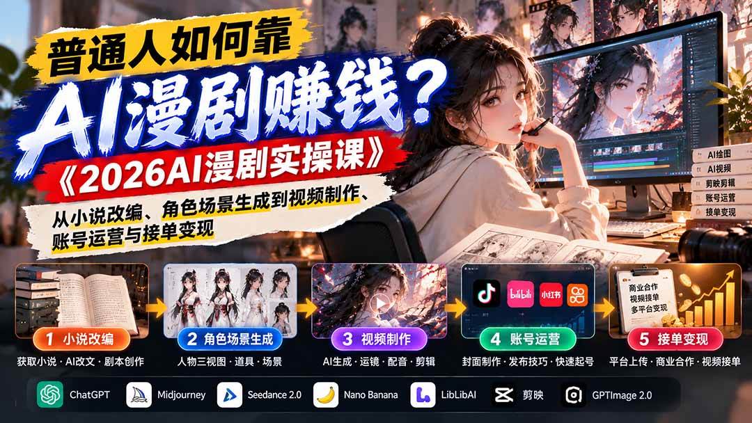 (21173期)普通人如何靠AI漫剧赚钱?《2026AI漫剧实操课》从小说改编、角色场景生成到视频制作、账号运营与接单变现-资源共享
