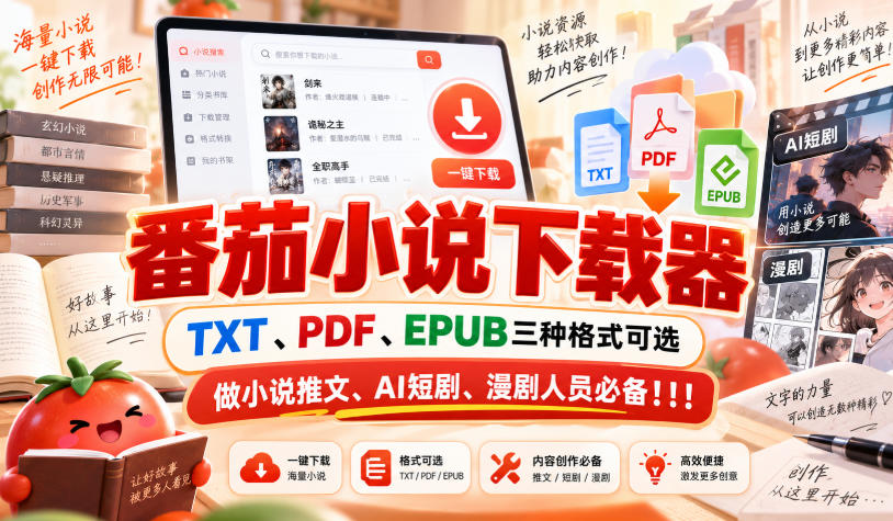 番茄小说下载器，TXT、PDF、EPUB三种格式可选，做小说推文、AI短剧、漫剧人员必备！！！-资源共享