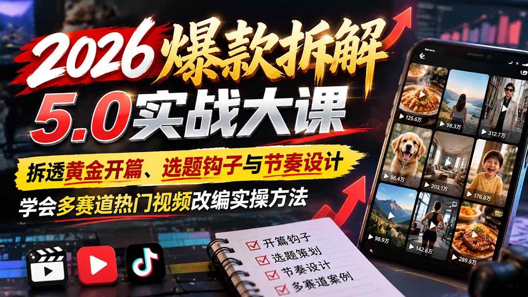 (21110期)2026爆款拆解5.0实战大课:拆透黄金开篇、选题钩子与节奏设计,学会多赛道热门视频改编实操方法-资源共享