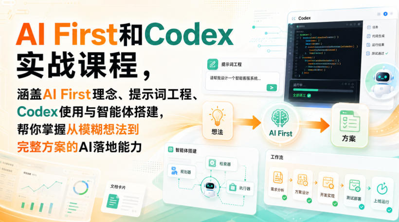 AI First和Codex实战课,涵盖AI First理念、提示词工程、Codex使用与智能体搭建,掌握从模糊想法到完整方案的AI落地能力-资源共享