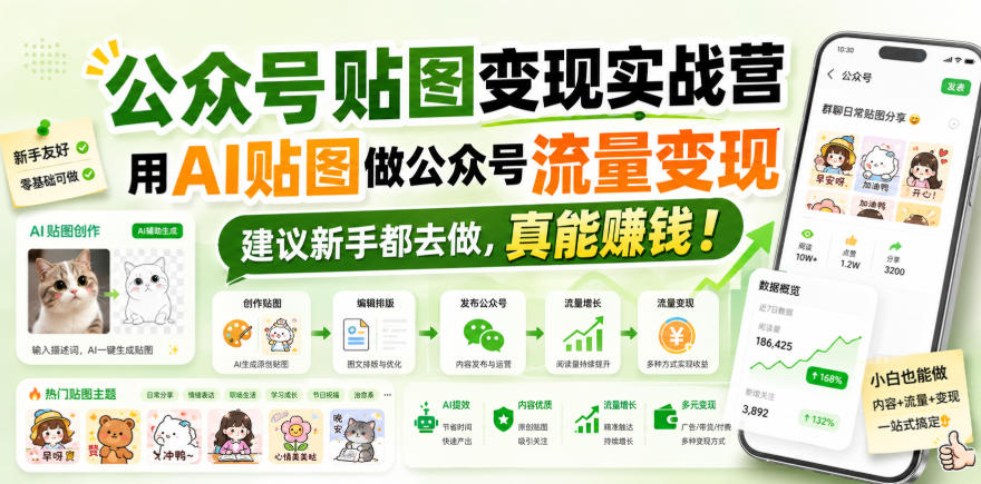 公众号贴图变现实战营,用AI贴图做公众号流量变现,建议新手都去做,真能賺钱!-资源共享