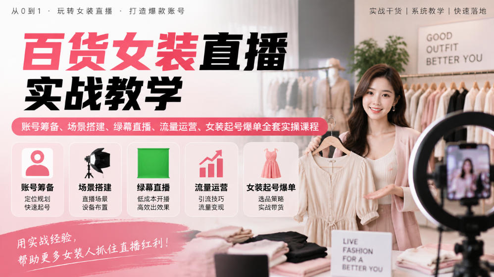 百货女装直播实战教学｜账号筹备、场景搭建、绿幕直播、流量运营、女装起号爆单全套实操课程-资源共享