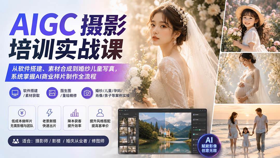 (20161期)AIGC摄影培训实战课:从软件搭建、素材合成到婚纱儿童写真,系统掌握AI商业样片制作全流程 (20161期)AIGC摄影培训实战课:从软件搭建、素材合成到婚纱儿童写真,系统掌握AI商业样片制作全流程