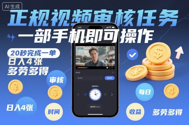 正规视频审核任务，一部手机即可操作，20秒完成一单，日入4张，多劳多得【揭秘】-资源共享