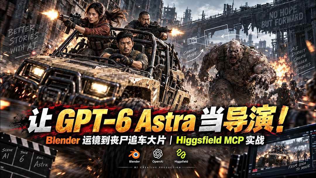 （20762期）【无水印】让 GPT-6 Astra 当导演！Blender 运镜到丧尸追车大片｜Higgsfield MCP 实战-资源共享