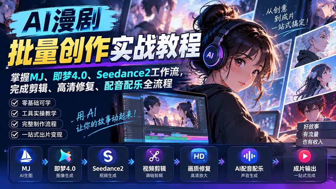 （20488期）AI漫剧批量创作实战教程：掌握MJ、即梦4.0、Seedance2工作流，完成剪辑、高清修复、配音配乐全流程-资源共享