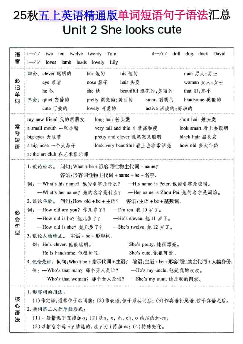 五年级上上英语单词短语句子语法汇总人教精通版-资源共享