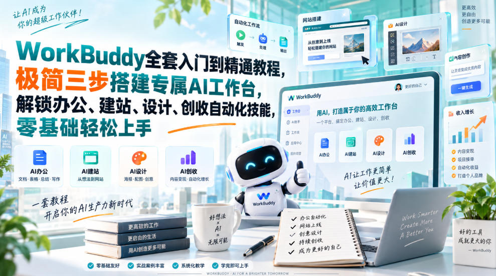 WorkBuddy全套入门到精通教程，极简三步搭建专属AI工作台，解锁办公、建站、设计、创收自动化技能，零基础轻松上手-资源共享