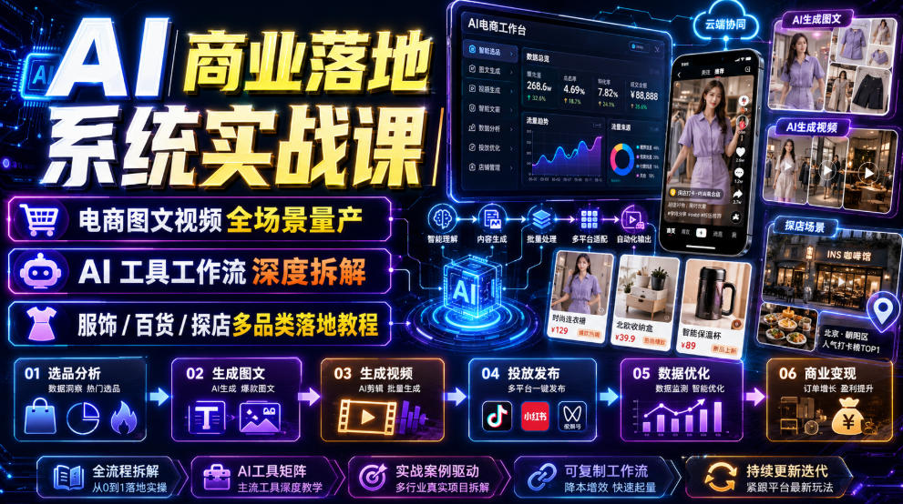 AI商业落地系统实战课｜电商图文视频全场景量产・AI工具工作流深度拆解・服饰/百货/探店多品类落地教程-资源共享