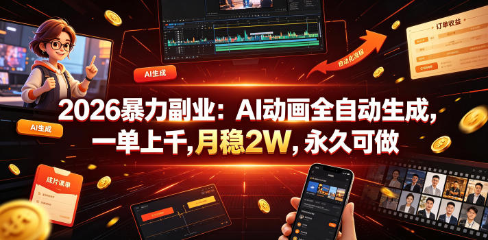 2026暴力副业：AI动画全自动生成，一单上千，月稳2W，永久可做【揭秘】-资源共享