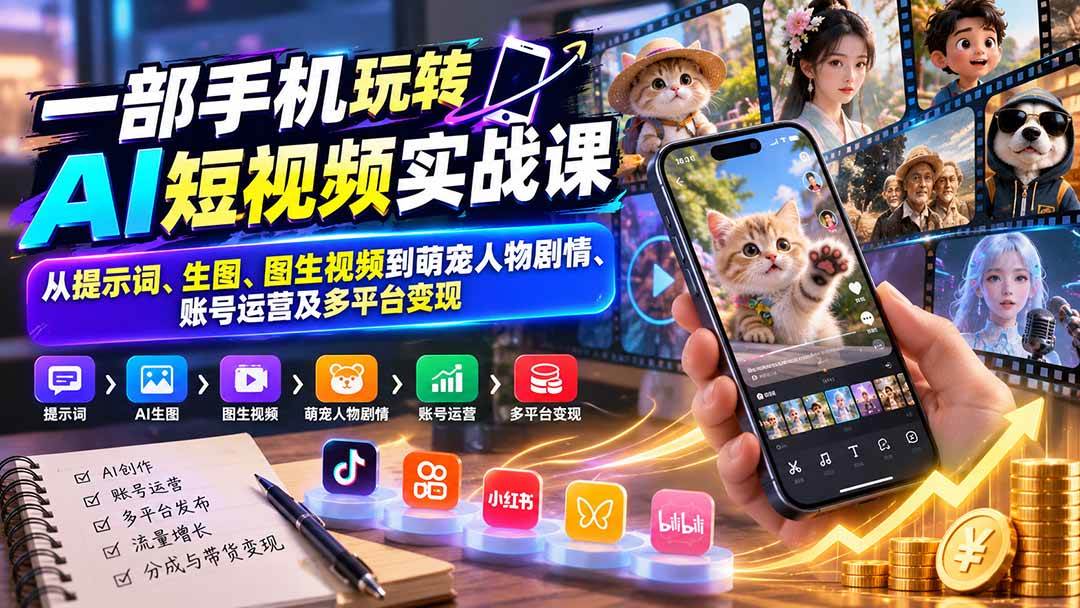 （20663期）一部手机玩转AI短视频实战课：从提示词、生图、图生视频到萌宠人物剧情、账号运营及多平台变现-资源共享