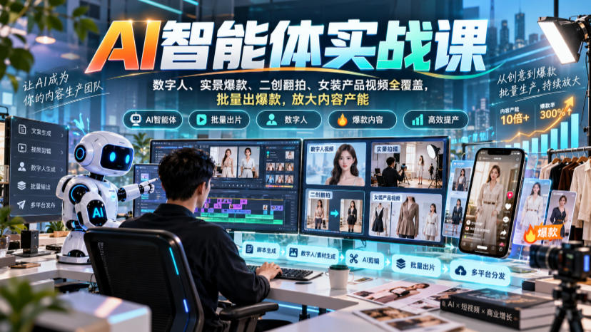 AI智能体实战课,数字人、实景爆款、二创翻拍、女装产品视频全覆盖,批量出爆款,放大内容产能-资源共享
