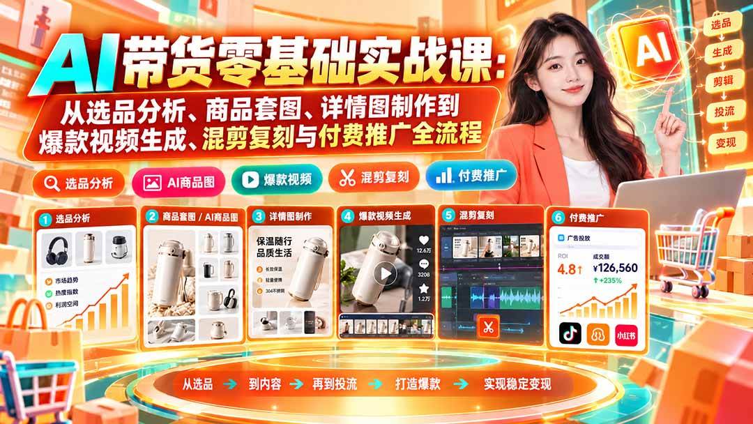 (20856期)AI带货零基础实战课:从选品分析、商品套图、详情图制作到爆款视频生成、混剪复刻与付费推广全流程-资源共享