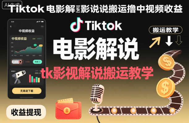 Tiktok电影解说搬运撸中视频收益，tk影视解说搬运教学-资源共享
