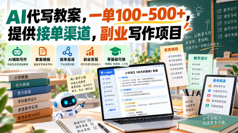 AI代写教案，一单100-500+，提供接单渠道，副业写作项目-资源共享