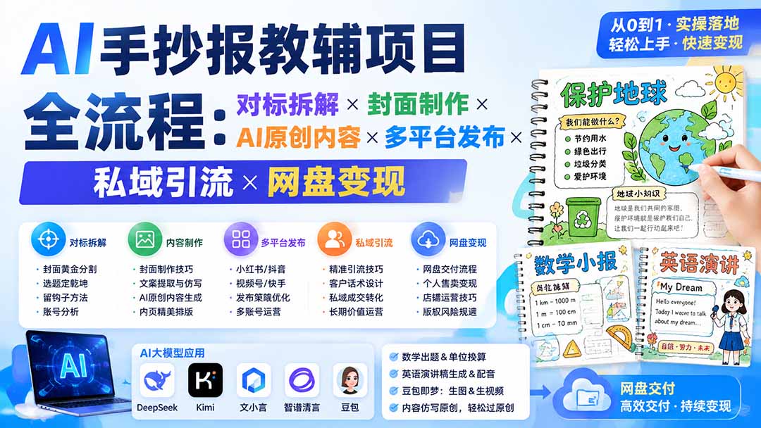 AI手抄报教辅项目全流程：对标拆解×封面制作×AI原创内容×多平台发布×私域引流×网盘变现-资源共享