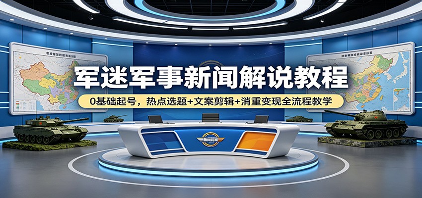 军迷军事新闻解说教程：0基础起号，热点选题+文案剪辑+消重变现全流程教学-资源共享
