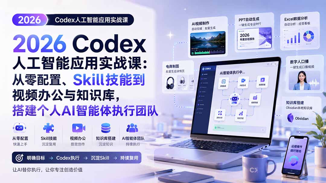 2026 Codex人工智能应用实战课:从零配置、Skill技能到视频办公与知识库,搭建个人AI智能体执行团队-资源共享