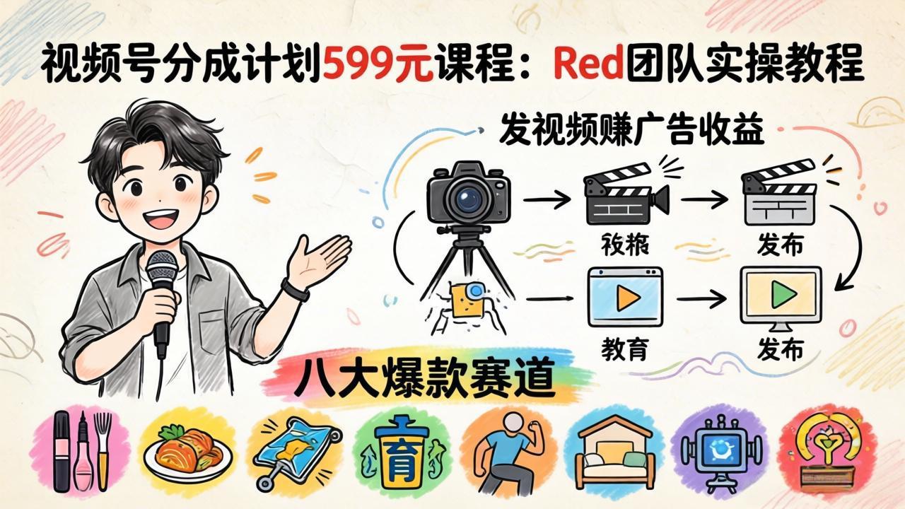 视频号分成计划599元课程：Red团队实操教程，发视频赚广告收益，八大爆款赛道全掌握-资源共享