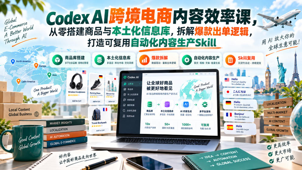 Codex AI跨境电商内容效率课，从零搭建商品与本土化信息库，拆解爆款出单逻辑，打造可复用自动化内容生产Skill-资源共享