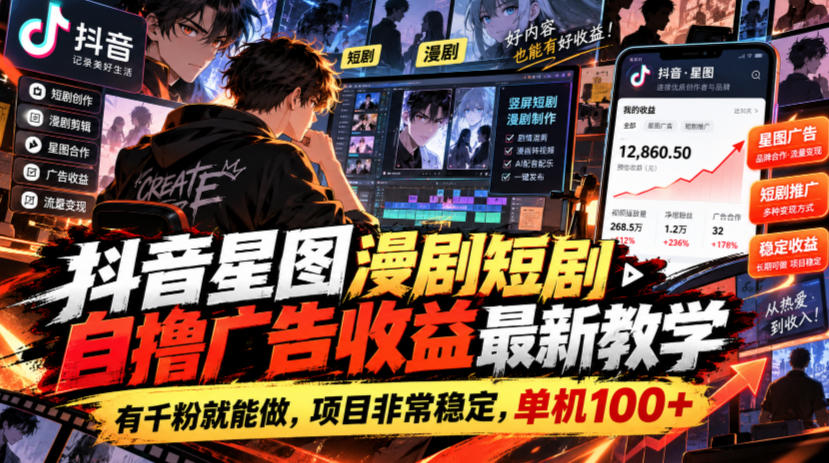 抖音星图漫剧短剧自撸广告收益最新教学，有千粉就能做，项目非常稳定，单机100+-资源共享