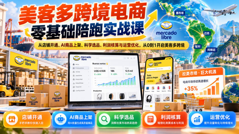 美客多跨境电商零基础陪跑实战课：从店铺开通、AI商品上架、科学选品、利润核算与运营优化，从0到1开启美客多跨境-资源共享