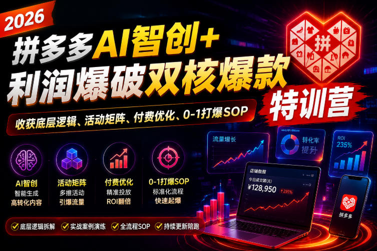 2026拼多多AI智创+利润爆破双核爆款特训营,收获底层逻辑、活动矩阵、付费优化、0-1打爆SOP-资源共享