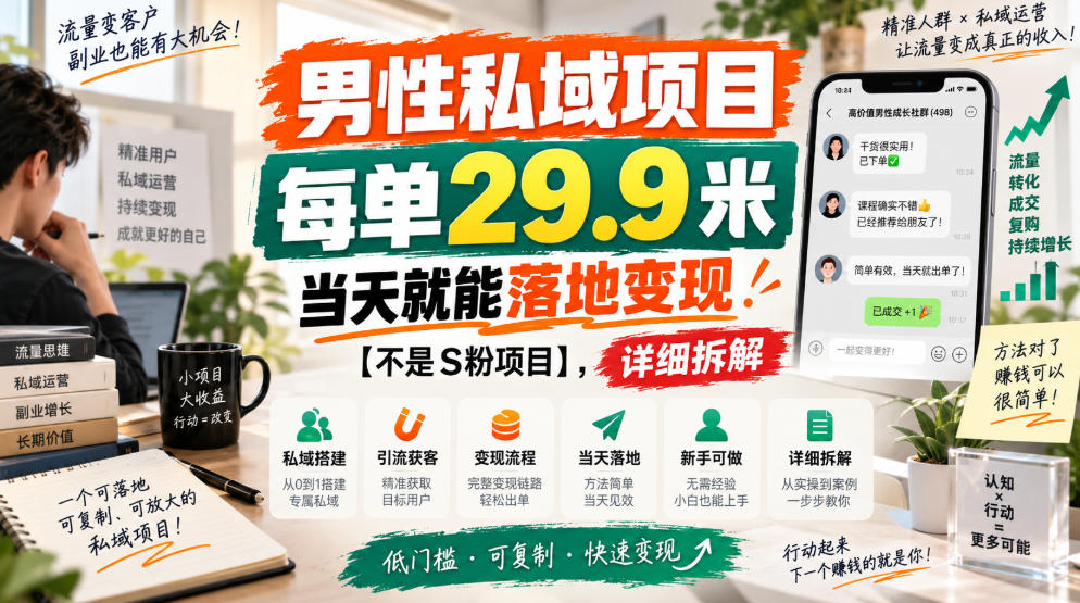 男性私域项目，每单29.9米，当天就能落地变现【不是S粉项目】，详细拆解-资源共享