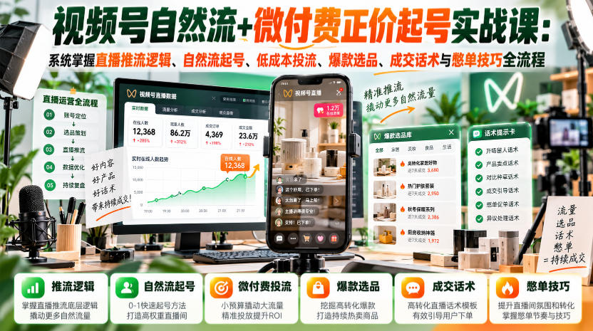 视频号自然流+微付费正价起号实战课：系统掌握直播推流逻辑、自然流起号、低成本投流、爆款选品、成交话术与憋单技巧全流程-资源共享