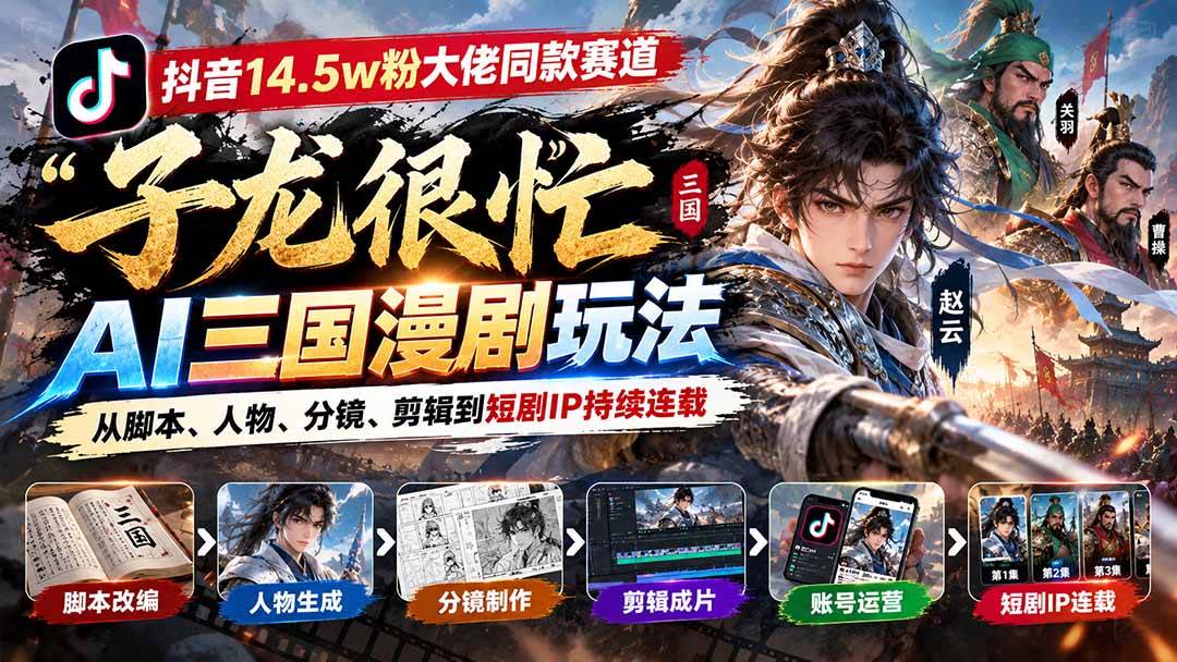 (20818期)抖音14.5w粉大佬同款赛道「子龙很忙」AI三国漫剧玩法:从脚本、人物、分镜、剪辑到短剧IP持续连载-资源共享