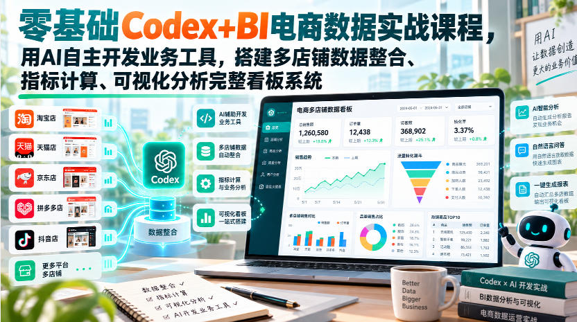 零基础Codex+BI电商数据实战课程,用AI自主开发业务工具,搭建多店铺数据整合、指标计算、可视化分析完整看板系统-资源共享