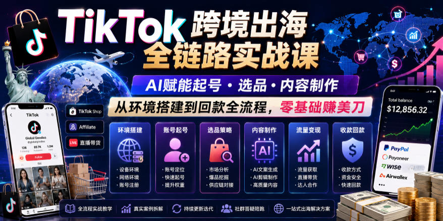 TikTok跨境出海全链路实战课,AI赋能起号・选品・内容制作,从环境搭建到回款全流程,零基础賺美刀-资源共享