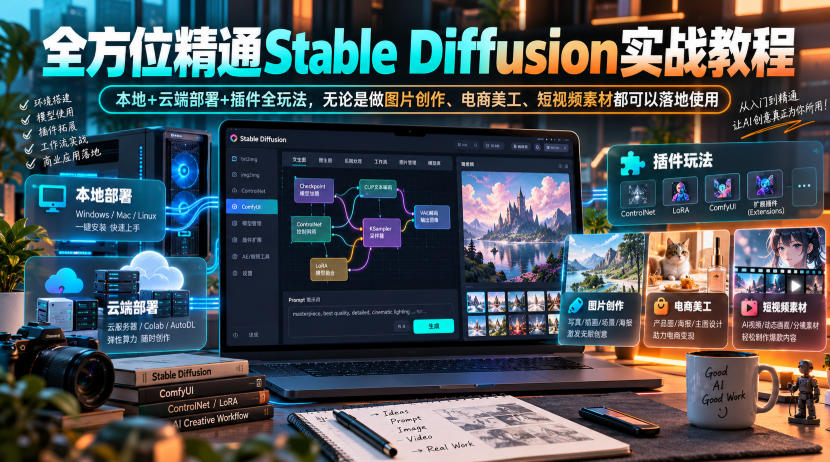 全方位精通Stable Diffusion实战教程|本地+云端部署+插件全玩法,无论是做图片创作、电商美工、短视频素材都可以落地使用-资源共享
