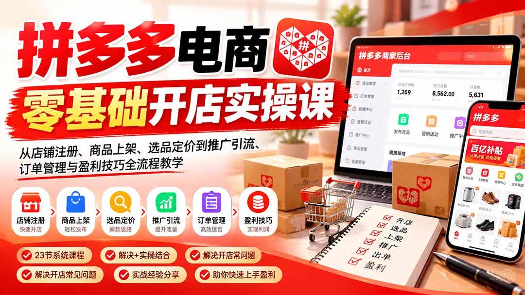 (21261期)拼多多电商零基础开店实操课:从店铺注册、商品上架、选品定价到推广引流、订单管理与盈利技巧全流程教学 (21261期)拼多多电商零基础开店实操课:从店铺注册、商品上架、选品定价到推广引流、订单管理与盈利技巧全流程教学