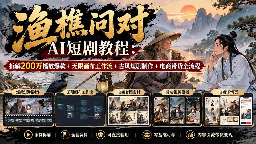(20772期)【无水印】渔樵问对AI短剧教程:拆解200万播放爆款+无限画布工作流+古风短剧制作+电商带货全流程-资源共享