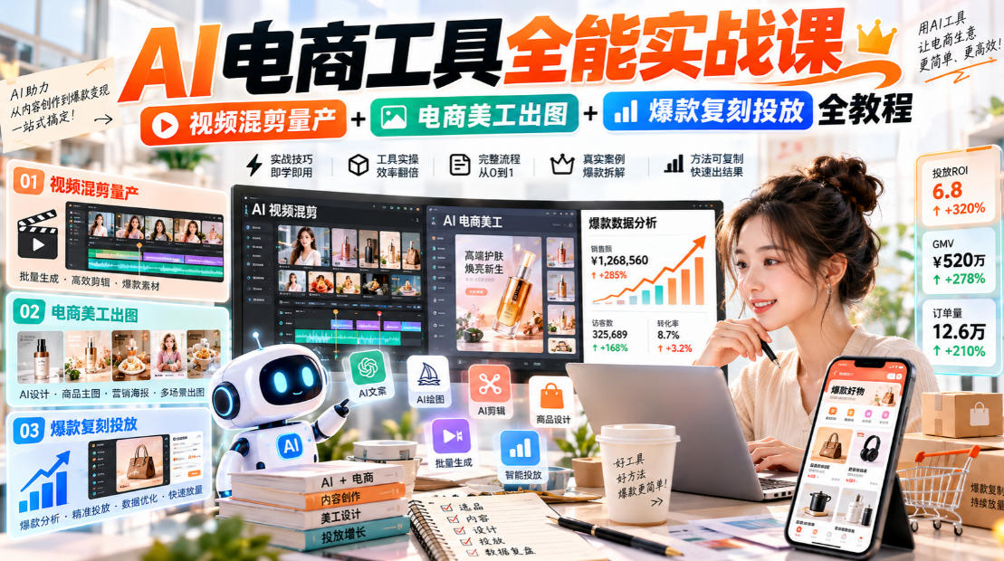 AI电商工具全能实战课|视频混剪量产+电商美工出图+爆款复刻投放全教程-资源共享