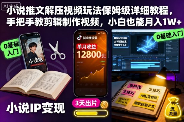 小说推文解压视频玩法保姆级详细教程，手把手教剪辑制作视频，小白也能月入1W+-资源共享