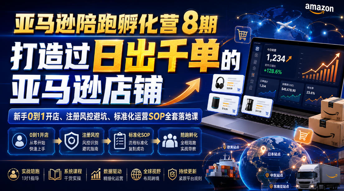 亚马逊陪跑孵化营8期,打造过日出千单的亚马逊店铺,新手0到1开店、注册风控避坑、标准化运营SOP全套落地课-资源共享