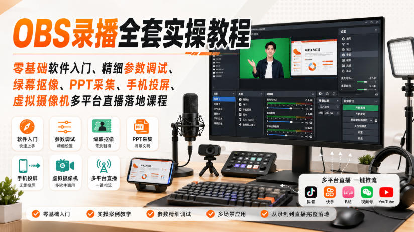 OBS录播全套实操教程｜零基础软件入门、精细参数调试、绿幕抠像、手机投屏、虚拟摄像机多平台直播落地课程-资源共享