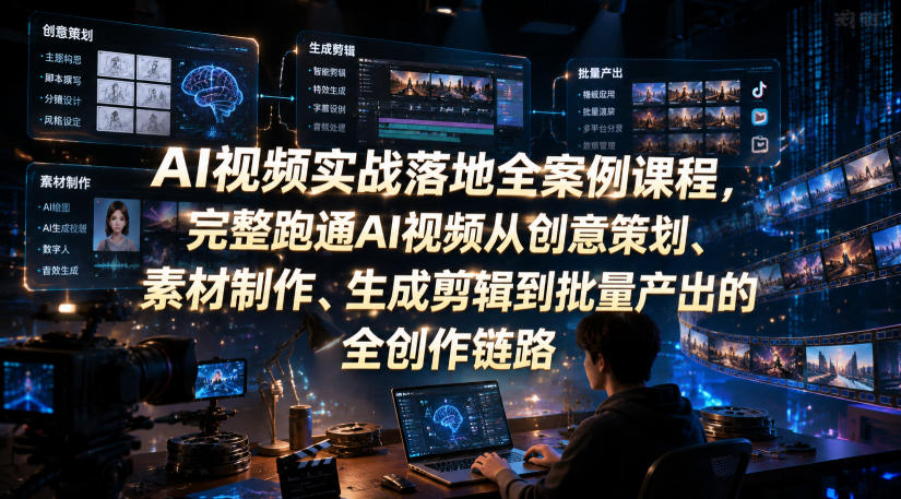 AI视频实战落地全案例课程，完整跑通AI视频从创意策划、素材制作、生成剪辑到批量产出的全创作链路-资源共享