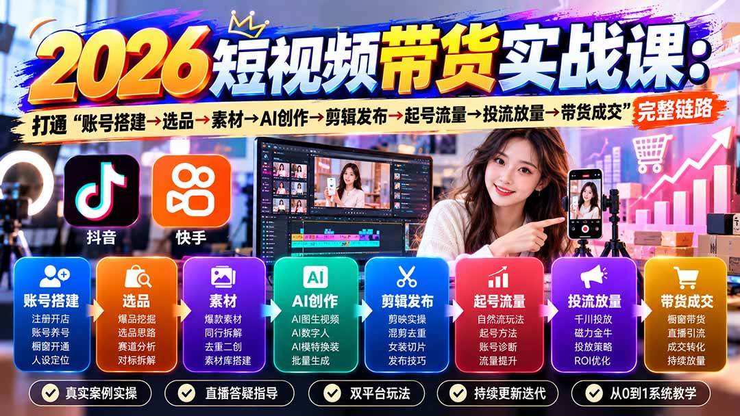 (20731期)2026短视频带货实战课9月:打通“账号搭建→选品→素材→AI创作→剪辑发布→起号流量→投流放量→带货成交”完整链路-资源共享