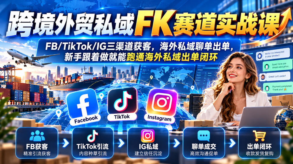 跨境外贸私域FK赛道实战课|FB/TikTok/IG三渠道获客,海外私域聊单出单,新手跟着做就能跑通海外私域出单闭环-资源共享