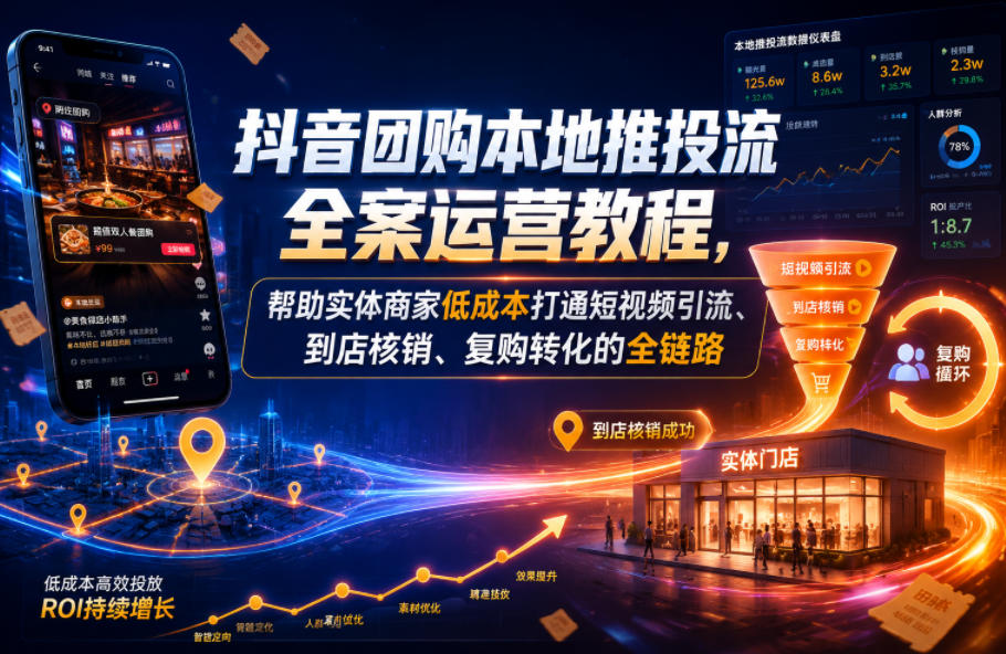 抖音团购本地推投流全案运营教程,帮助实体商家低成本打通短视频引流、到店核销、复购转化的全链路-资源共享